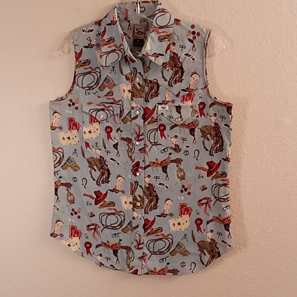 NEW Cruel Girl Novelty Print Sz M Button Up Sleeveless Blue Multi Colors  B26 X